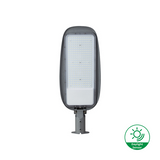 LED straatlamp met geïntegreerde daglichtsensor, vooraanzicht, grijs armatuur met brede lichtmodule bestaande uit meerdere LED's.
