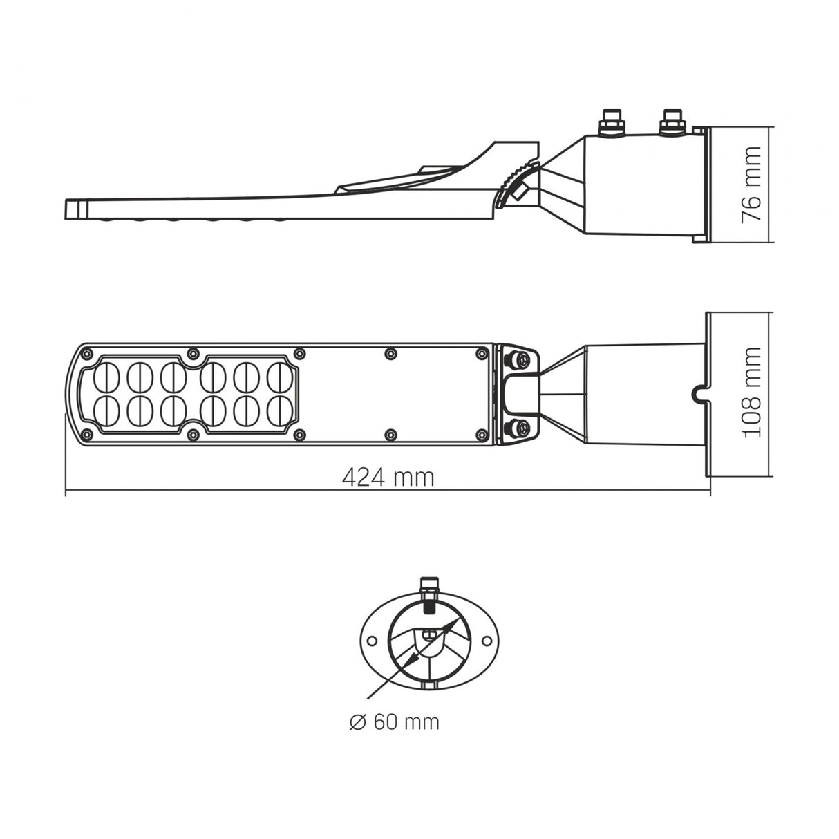 LED Straatlamp zwart PLAYA - Eco serie - 30W - IP65 - 100lm-w - 5000K - technische tekening