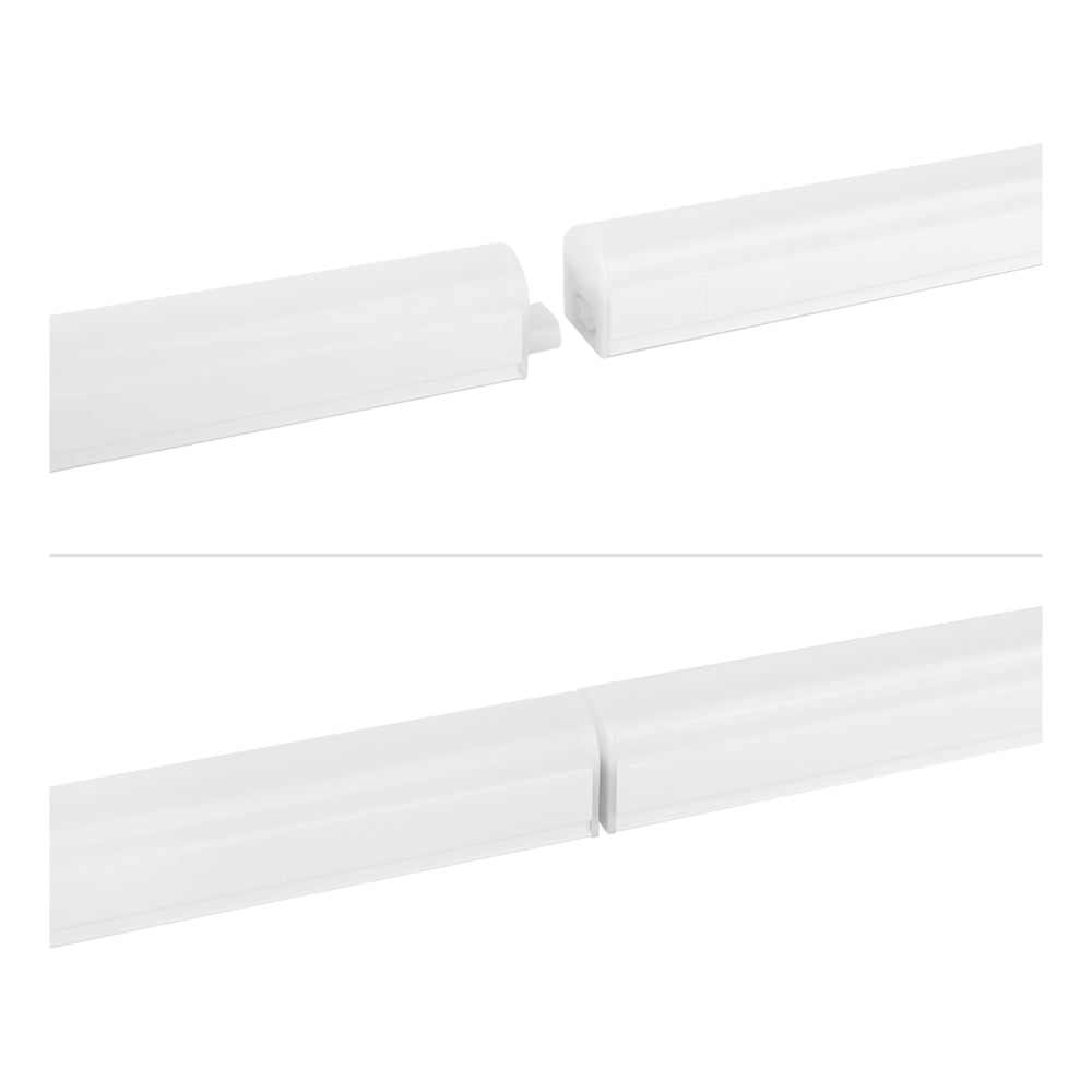 Detailweergave van een witte LED lichtlijn-koppelconnector, getoond vanuit een zijaanzicht en close-up, waarin de aansluiting tussen twee LED armaturen zichtbaar is.