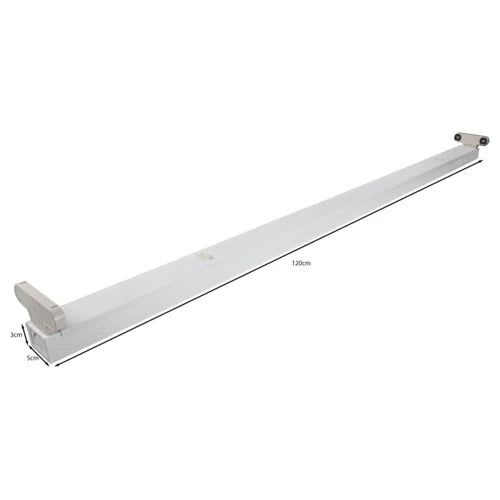 Witte TL-balk armatuur van 120 cm, zijdelings-perspectief met zicht op lengte- en hoogteverhoudingen van 5 cm x 3 cm, geschikt voor TL-buizen in werkplaatsen, garages of magazijnen.
