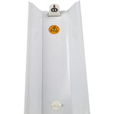 Close-up onderaanzicht van een witte LED TL-armatuur met fitting en waarschuwingssticker voor 230V ingangsspanning.