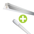 LED TL armatuur met LED buis, zijaanzicht van het armatuur en close-up van de LED buis met G13 fitting, geïllustreerd met een groen plusteken op een witte achtergrond.