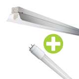 LED TL armatuur met LED buis, zijaanzicht van het armatuur en close-up van de LED buis met G13 fitting, geïllustreerd met een groen plusteken op een witte achtergrond.