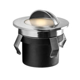 RVS grondspot met halve kap, LED inbouwverlichting van voren afgebeeld, geschikt voor buitengebruik en sfeervolle tuinverlichting.