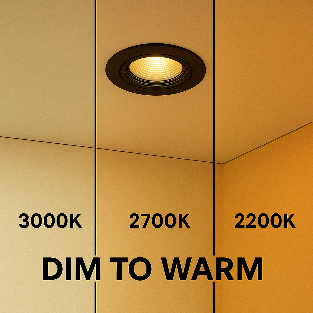 Inbouwspot LED met Dim-to-Warm functionaliteit, zichtbaar aan plafond onder een hoek van onderaf, met kleurtemperaturen variërend van 3000K tot 2200K voor een warme en sfeervolle verlichting.