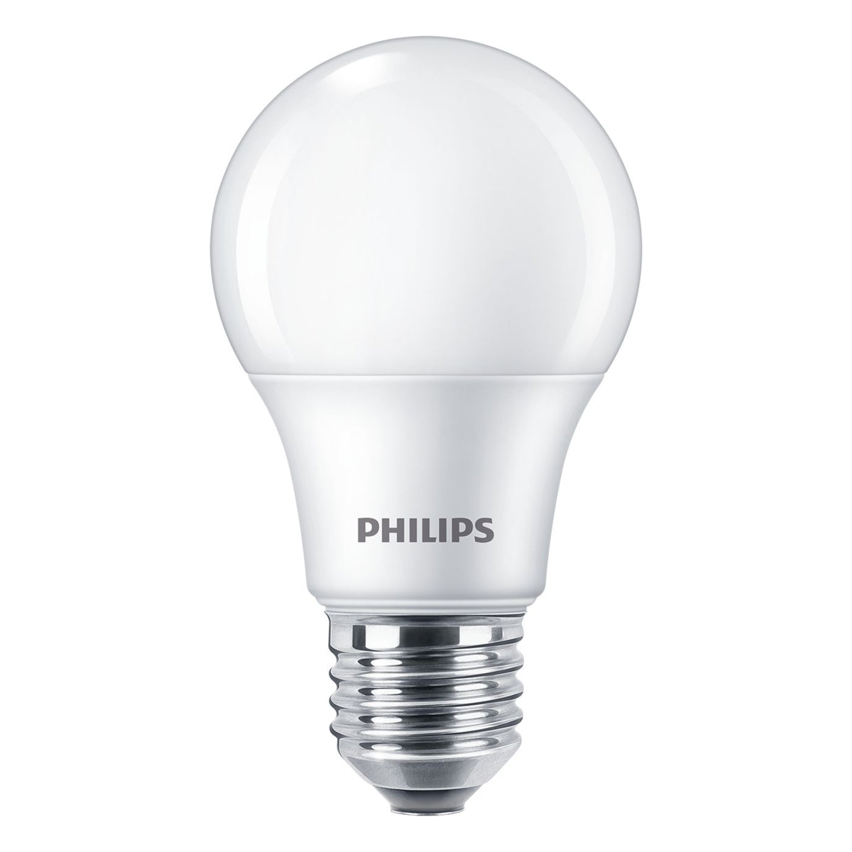 LED lamp van Philips met E27 fitting, witte matte afwerking, vooraanzicht tegen een witte achtergrond.