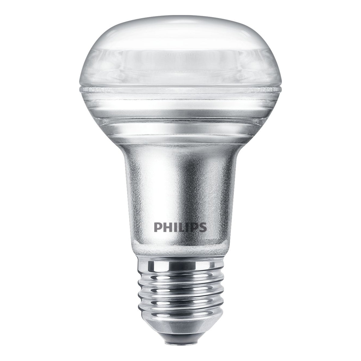 Philips LED lamp met E27 fitting, zilverkleurige afwerking en matte lens, vooraanzicht van de energiezuinige spotlamp.