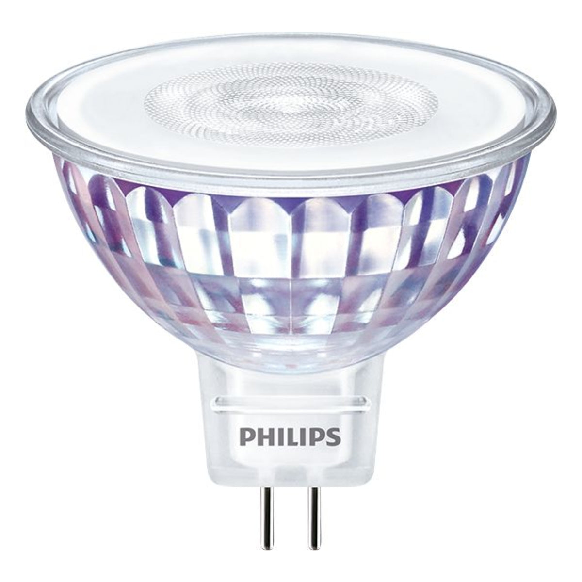 Philips LED spotlamp GU5.3 12V met glazen reflector, frontaal aanzicht.