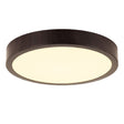 Moderne ronde LED plafondlamp met donkerhouten afwerking, warm wit licht en strak design – zijaanzicht schuin van onderen.
