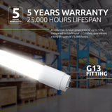 Close-up van een LED TL-buis met G13 fitting, weergegeven in een magazijnomgeving; benadrukt worden de 5 jaar garantie en een levensduur van 25.000 uur.