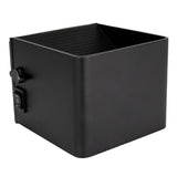 Zwart metalen vierkant rookafzuigkap accessoire met aan/uit schakelaar, schuine binnenzijde en zijaanzicht.