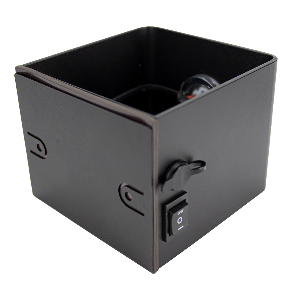 Zwarte metalen verwarmingsbox voor aluminiumfolie, schuin vooraanzicht met aan/uit-schakelaar en geïntegreerde thermometer.