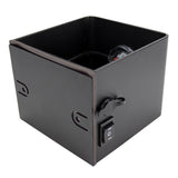 Zwarte metalen verwarmingsbox voor aluminiumfolie, schuin vooraanzicht met aan/uit-schakelaar en geïntegreerde thermometer.