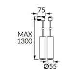 Technische lijntekening van een cilindrische hanglamp met een maximale lengte van 1300 mm, een diameter van 55 mm en een plafondmontage met een afstand van 75 mm tussen de kabels; vooraanzicht.
