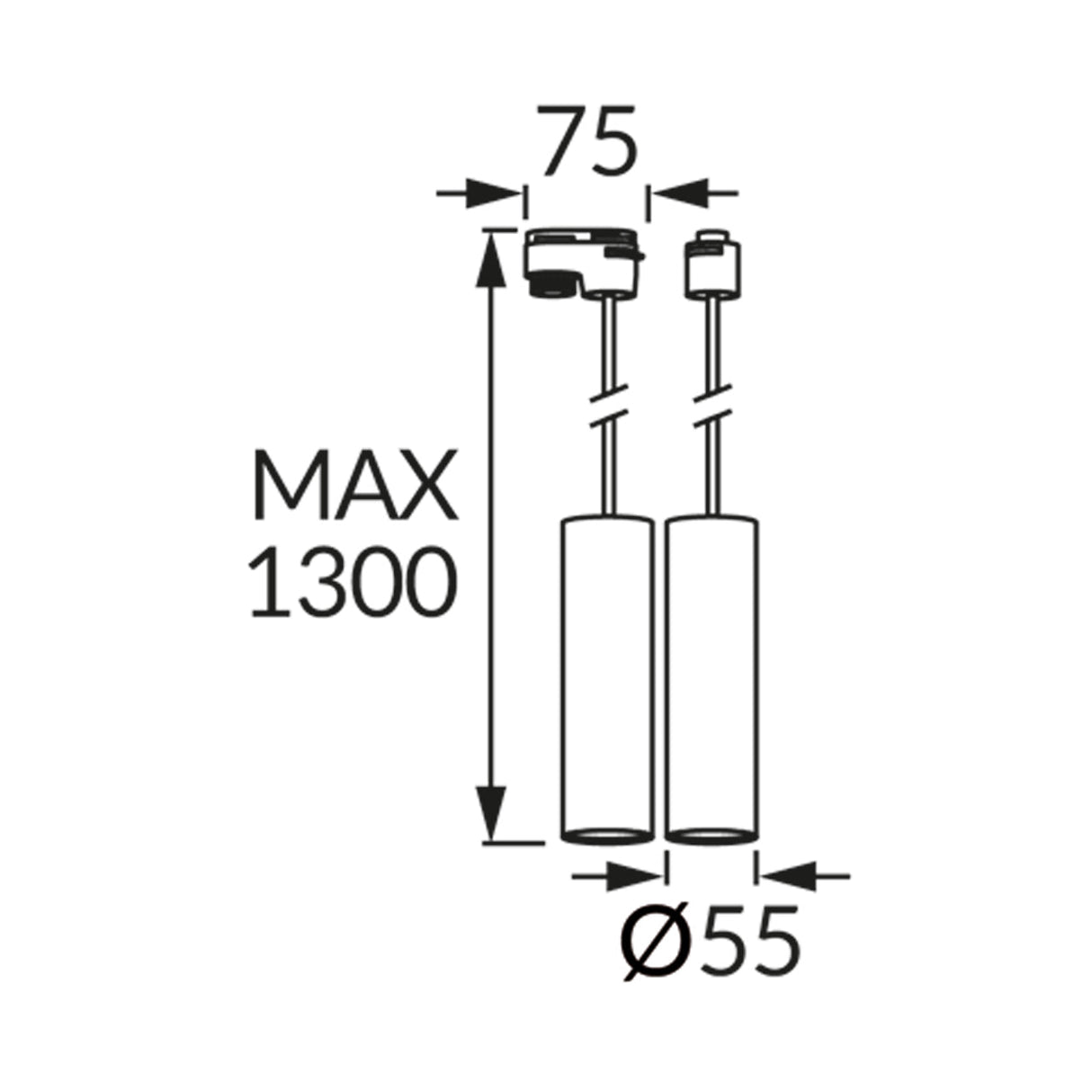 Technische lijntekening van een cilindrische hanglamp met een maximale lengte van 1300 mm, een diameter van 55 mm en een plafondmontage met een afstand van 75 mm tussen de kabels; vooraanzicht.