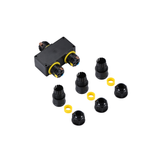 Waterdichte elektrische kabelconnector set met drieweg verloopstuk en meerdere wartels, bovenaanzicht op witte achtergrond.