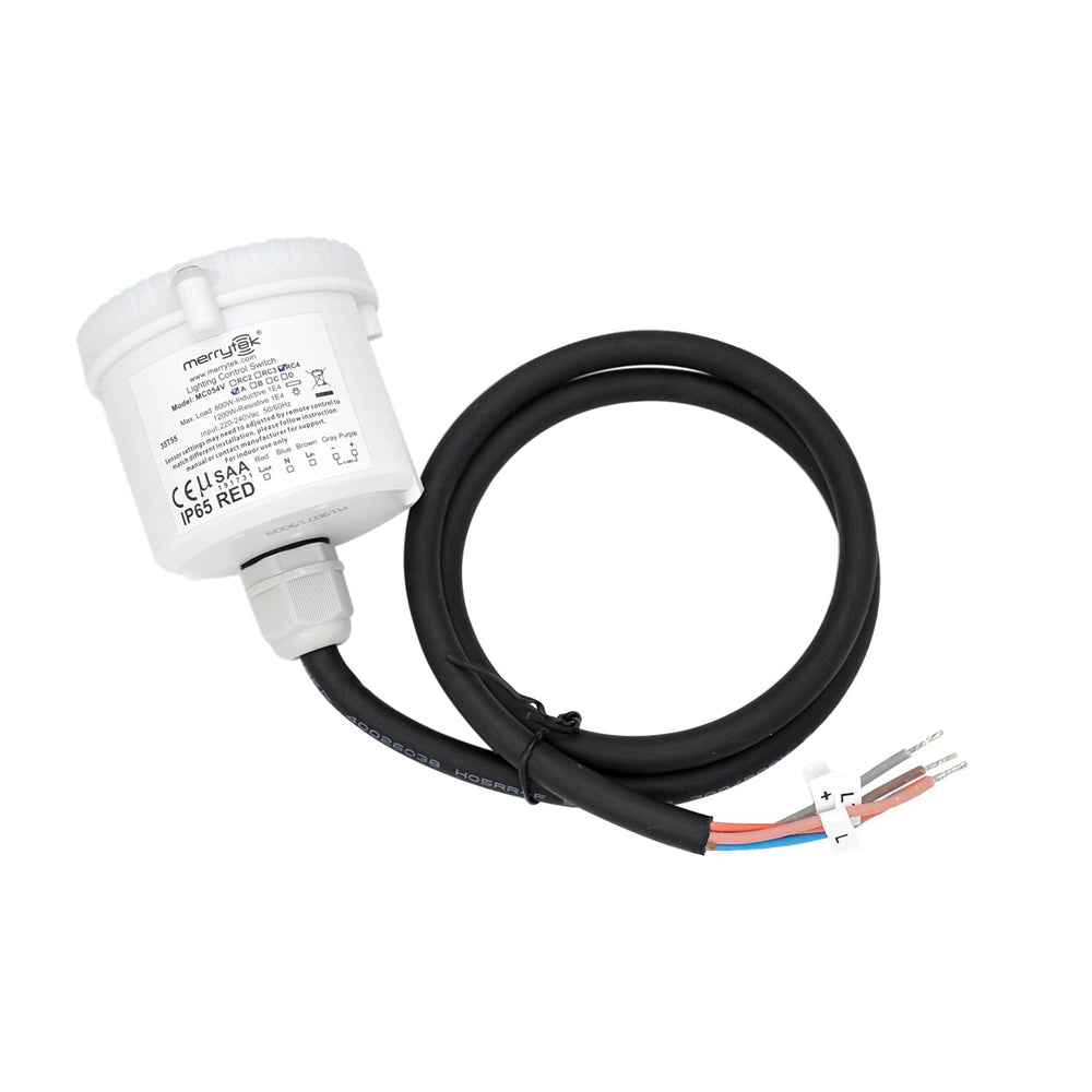 Wit Merrytek MC041V bewegingssensor met aansluitkabel, zijaanzicht van de sensorbehuizing en duidelijk zichtbare bedrading voor installatie.