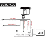 Bedradingsschema voor EURO/AUS installatie van een 1-10V dimbare besturingsmodule met sensor, vooraanzicht met aanduiding van netsnoer, uitgangsdraden en spanningsregeling.