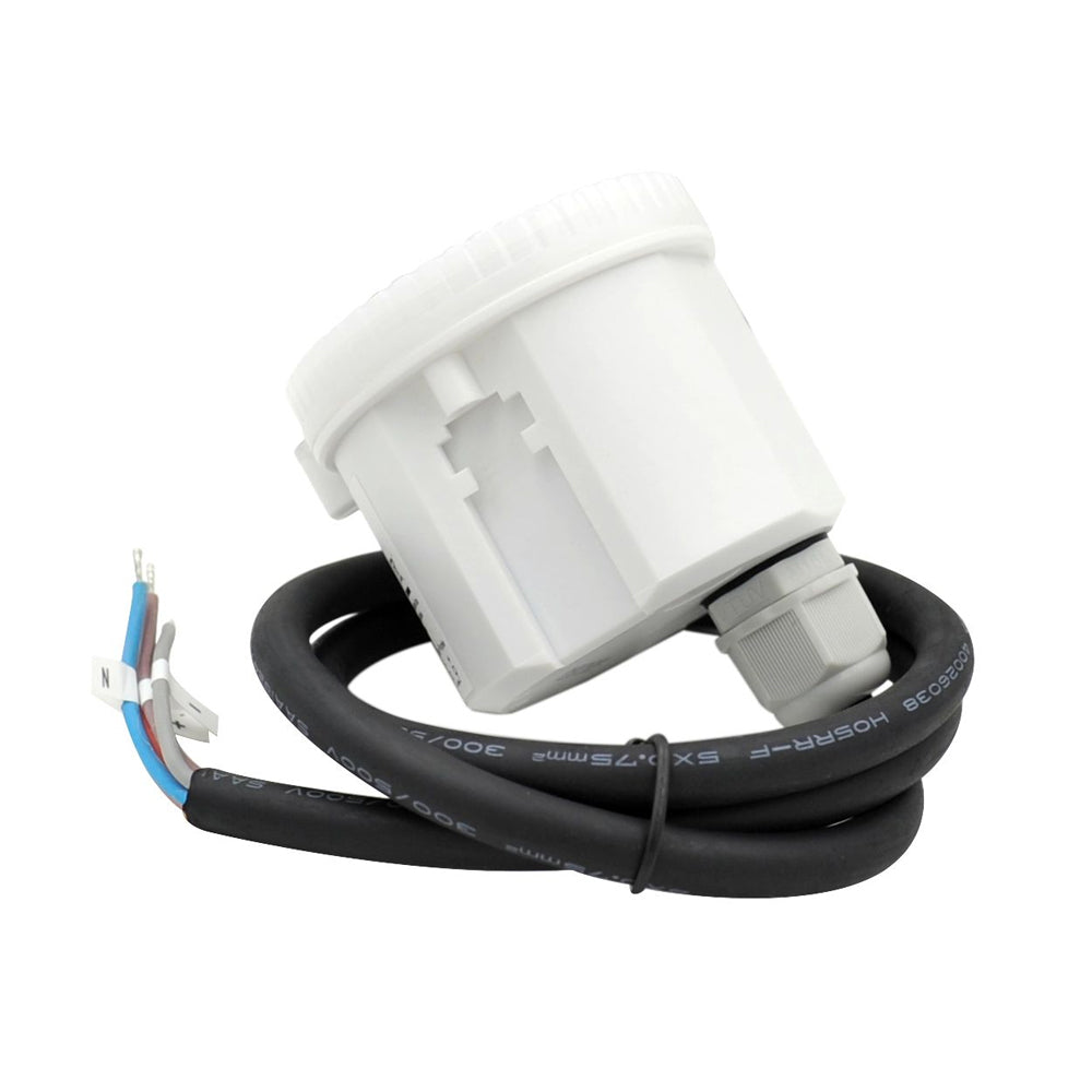 Zijaanzicht van een witte lichtsensor met kabel en connectoren, geschikt voor automatische lichtregeling en buitenverlichting installaties.
