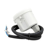 Zijaanzicht van een witte lichtsensor met kabel en connectoren, geschikt voor automatische lichtregeling en buitenverlichting installaties.