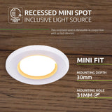 Witte ronde ingebouwde LED mini spot met geïntegreerde lichtbron, gemonteerd in een houten oppervlak, bovenaanzicht; dimbaar in combinatie met een LED dimmer, geschikt voor montagegat van 31 mm en inbouwdiepte van 30 mm.