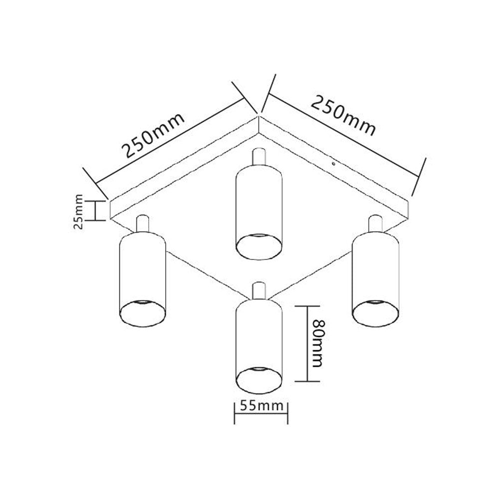 Technische lijntekening van een vierkante plafondlamp met vier cilindervormige spots, afmetingen 250x250mm voor de plafondplaat en spots van 55mm diameter en 80mm lengte, aanzicht vanuit een schuine onderzijde.