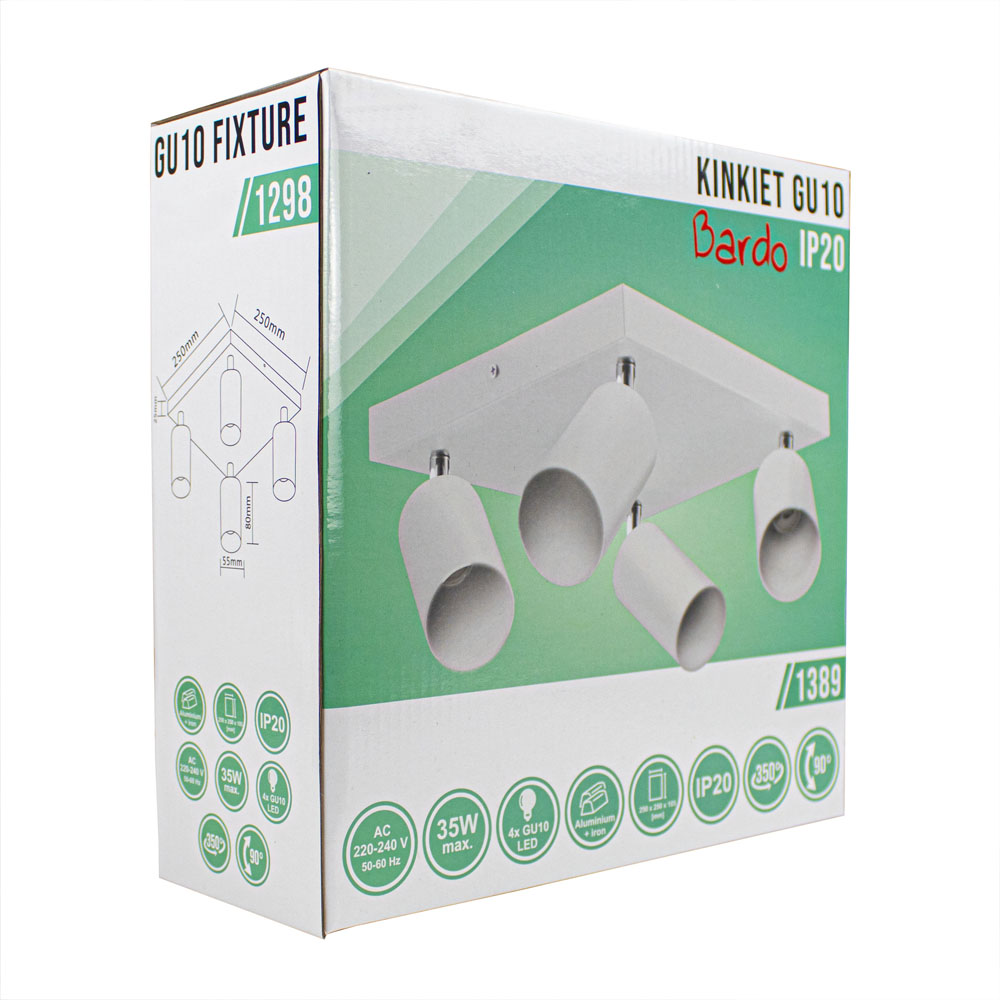 Productverpakking van de Bardo Kinkiet GU10 IP20 plafondlamp met 4 verstelbare spotlights, vooraanzicht met technische specificaties en illustratie van het armatuur.