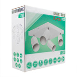 Productverpakking van de Bardo Kinkiet GU10 IP20 plafondlamp met 4 verstelbare spotlights, vooraanzicht met technische specificaties en illustratie van het armatuur.