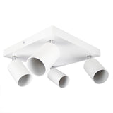 Witte vierkante plafondlamp met vier kantelbare spotjes, moderne design plafondspots – schuin onderaanzicht.