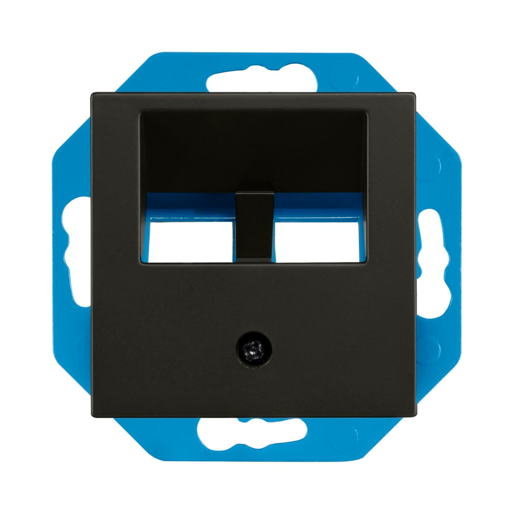 Vooraanzicht van een zwarte Busch-Jaeger inbouw coax wandcontactdoos met montageframe en blauwe bevestigingsplaat, geschikt voor integratie in wandinstallaties.
