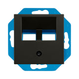 Vooraanzicht van een zwarte Busch-Jaeger inbouw coax wandcontactdoos met montageframe en blauwe bevestigingsplaat, geschikt voor integratie in wandinstallaties.