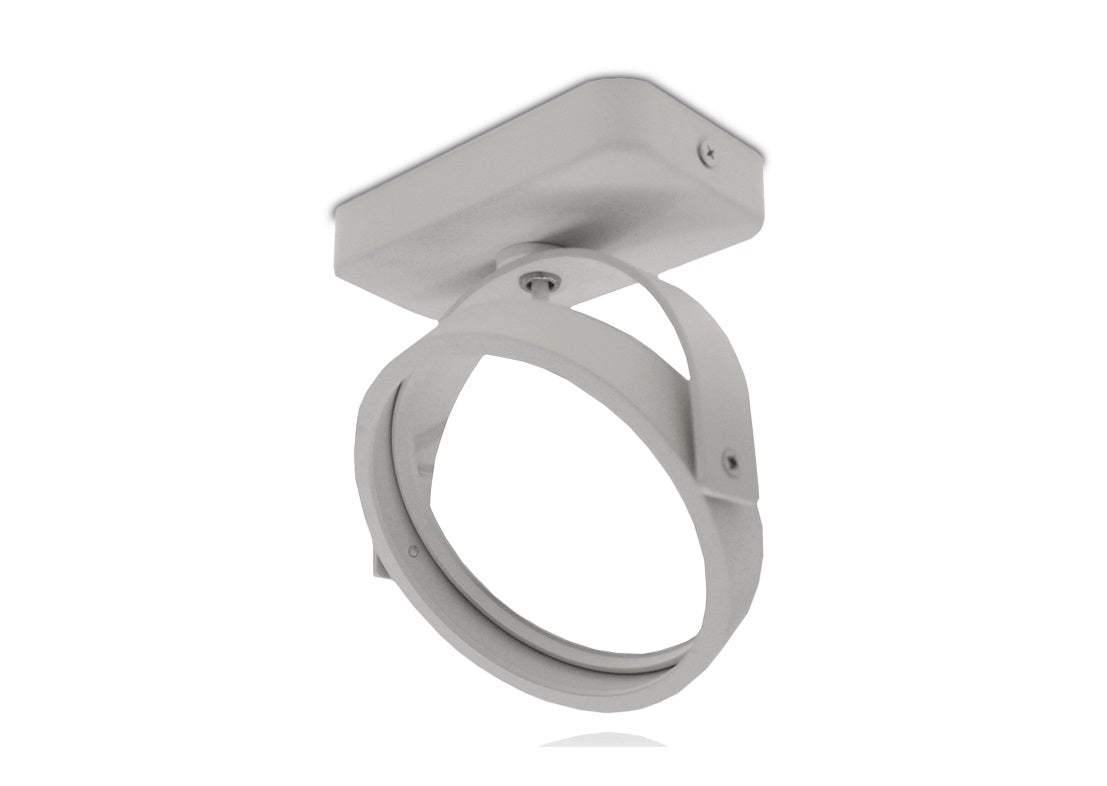 Wand- en plafondbeugel in witte kleur, schuin onderaanzicht, geschikt voor het monteren van ronde armaturen of camera's.