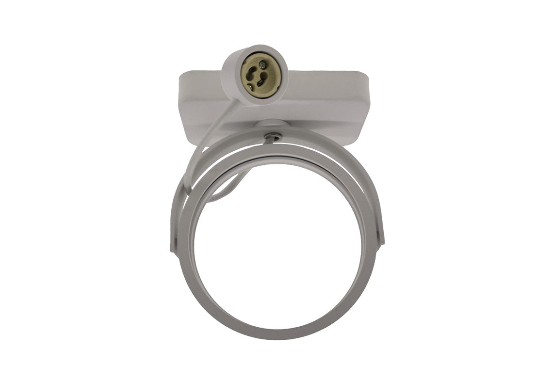 Wit GU10 railspot armatuur zonder lichtbron, vooraanzicht van een moderne cilindervormige railspot met open fitting en verstelbare ring.