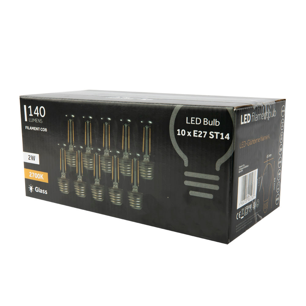 Verpakking van LED lampen 10x E27 ST14 filament COB 2W 2700K 140 lumen – schuine voorzijde van de doos zichtbaar met productinformatie en afbeeldingen van de lampen.