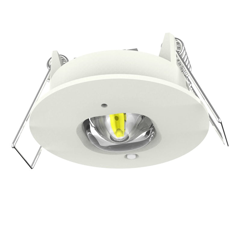 Witte ronde LED inbouwspot met verstelbare lens en veerklemmen, onderaanzicht.