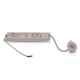 LED noodverlichtingsmodule met batterij voor inbouwmontage, frontaal aanzicht van witte behuizing met bedrading en geïntegreerde LED-spot.