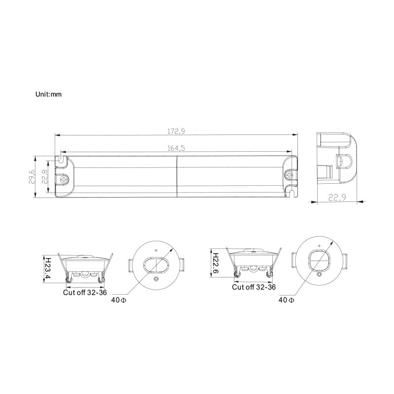 Technische producttekening van een LED inbouwspot met afmetingen in millimeters; bovenaanzicht, zijaanzicht en onderaanzicht zichtbaar, inclusief maatvoering voor inbouwdiepte en uitsparingsdiameter.