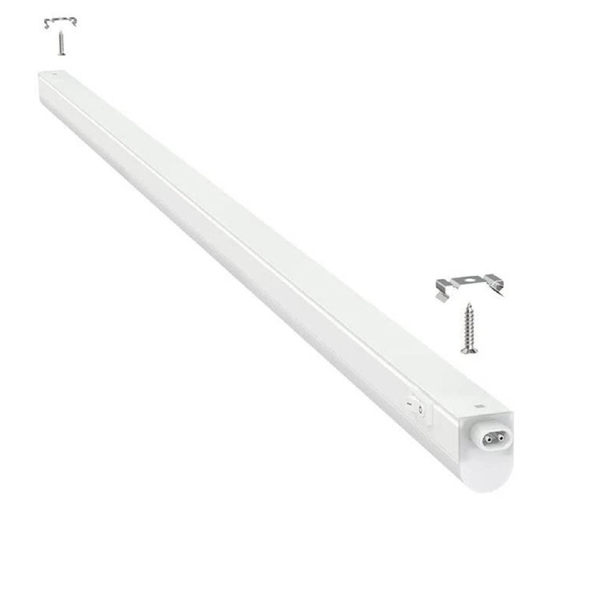 LED TL-buis armatuur met geïntegreerde verlichting, witte behuizing, zijaanzicht met zichtbare aansluitpunten en montagemateriaal.