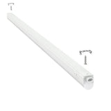 LED TL-buis armatuur met geïntegreerde verlichting, witte behuizing, zijaanzicht met zichtbare aansluitpunten en montagemateriaal.