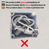Afbeelding van een opengewerkte centraaldoos met losse elektrische bedrading, gezien van voren, met waarschuwingstekst in vier talen dat het product geen centraaldoos afdekt.