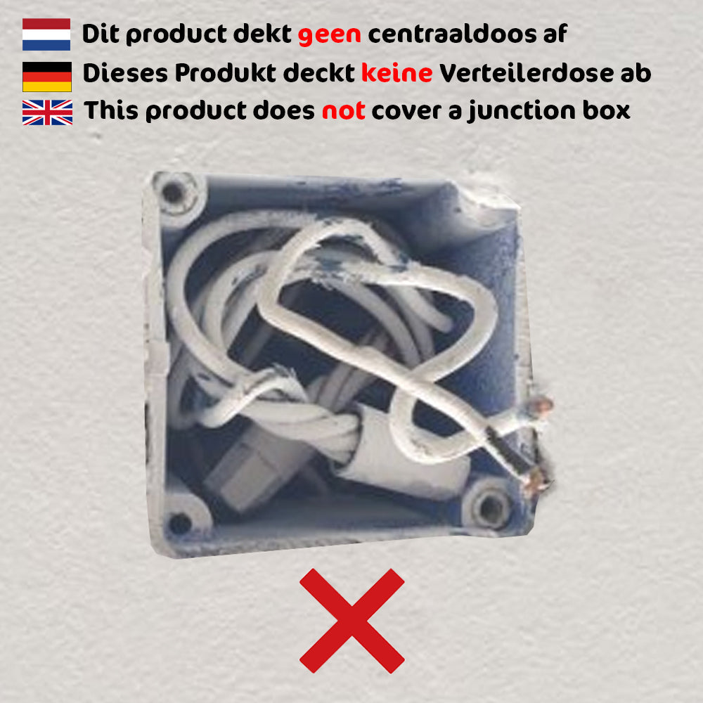 Bovenaanzicht van een open centraaldoos met blootliggende elektrische bedrading, met waarschuwingstekst in meerdere talen die aangeeft dat het product geen centraaldoos afdekt.