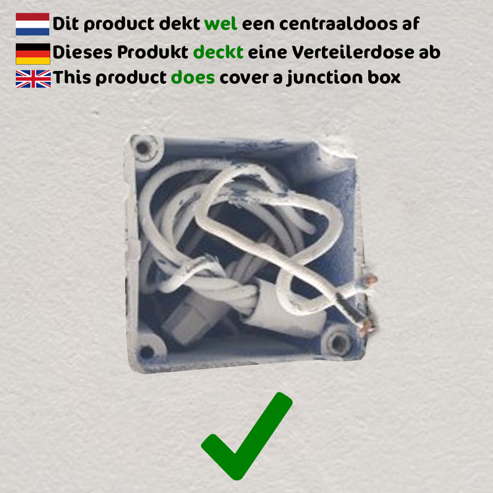 Afbeelding van een open centraaldoos in de muur met losse elektriciteitsdraden, getoond in vooraanzicht, met aanduiding dat het product geschikt is voor het afdekken van een centraaldoos.