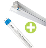 Philips LED TL-buis LEDtube T8 Corepro Standard met armatuur, zijaanzicht van de gemonteerde TL-verlichting en close-up van de losse LED TL-buis, inclusief groen plusteken voor combinatieproduct.