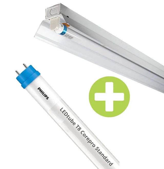 Philips LED TL-buis LEDtube T8 Corepro Standard met armatuur, zijaanzicht van de gemonteerde TL-verlichting en close-up van de losse LED TL-buis, inclusief groen plusteken voor combinatieproduct.