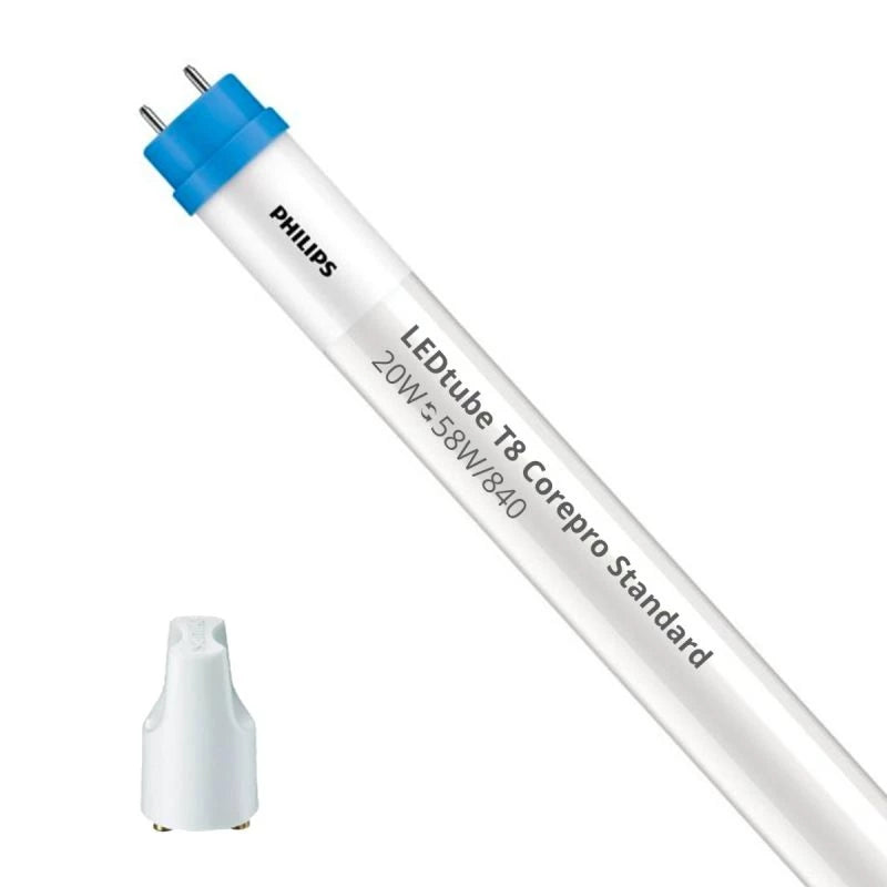 Close-up zijaanzicht van een Philips LEDtube T8 CorePro Standard 20W vervanger voor 58W/840 TL-buis, inclusief starteradapter.
