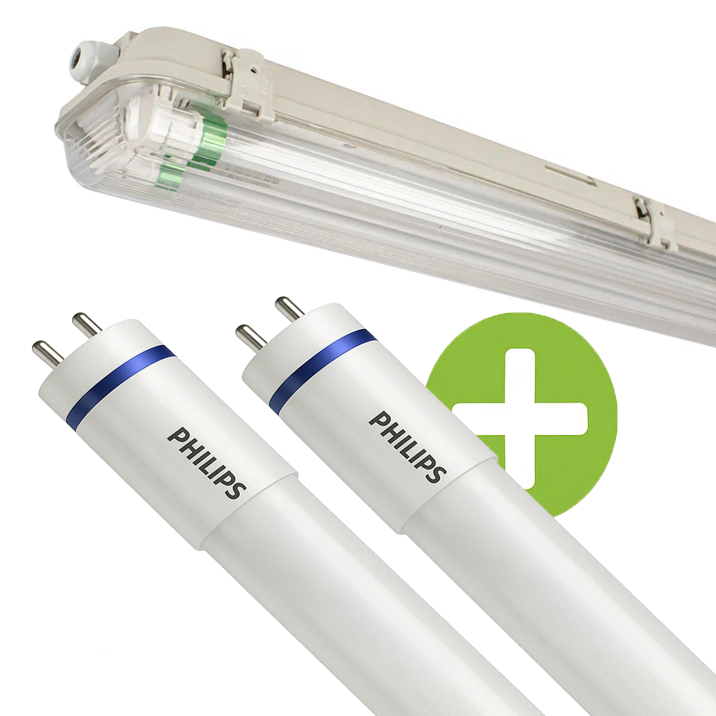 Close-up van twee Philips LED TL-buizen met G13 fitting en een waterdichte armatuur op de achtergrond, schuin van voren weergegeven, met een groene plus-icoon ter indicatie van een volledige verlichtingsset.
