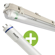 LED TL-armatuur met spatwaterdichte behuizing en Philips LED TL-buis, schuin vooraanzicht.