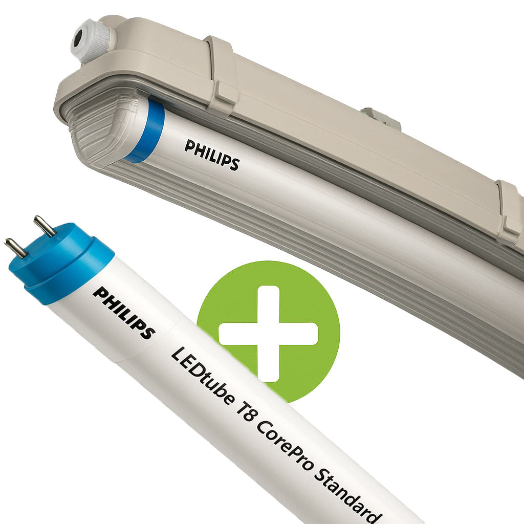 Close-up van een Philips LED TL-armatuur met LEDtube T8 CorePro Standard buis, schuin van voren gezien met een groene plus-icoon ter aanduiding van een bundelproduct.