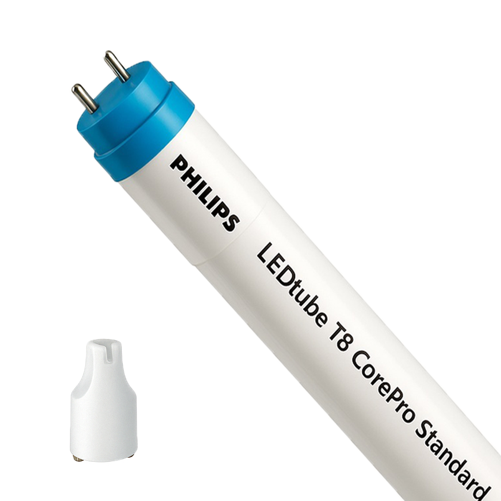 Close-up van een Philips LEDtube T8 CorePro Standard LED TL-buis met G13 fitting, schuin van opzij gezien, inclusief bijbehorende starter.