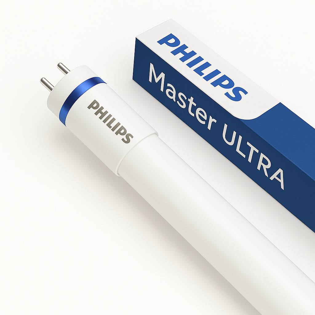 Close-up van een Philips Master Ultra TL-buislamp met zicht op de pinnen en productverpakking op een witte achtergrond.